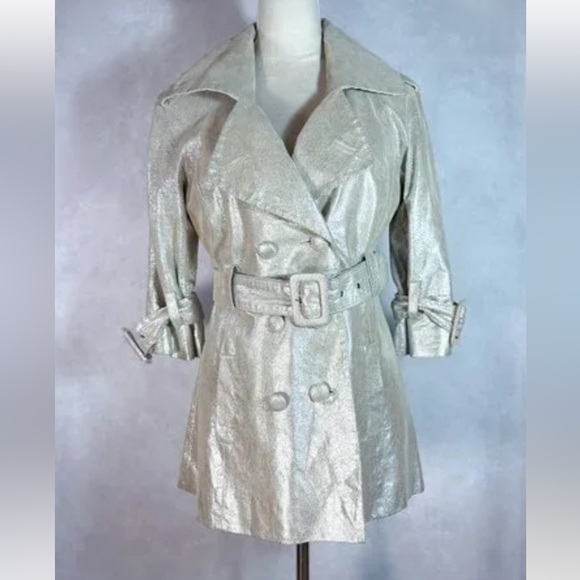 Vintage Bebe Shimmering leather Silver Trench Coat Retro Small - Picture 3 of 9